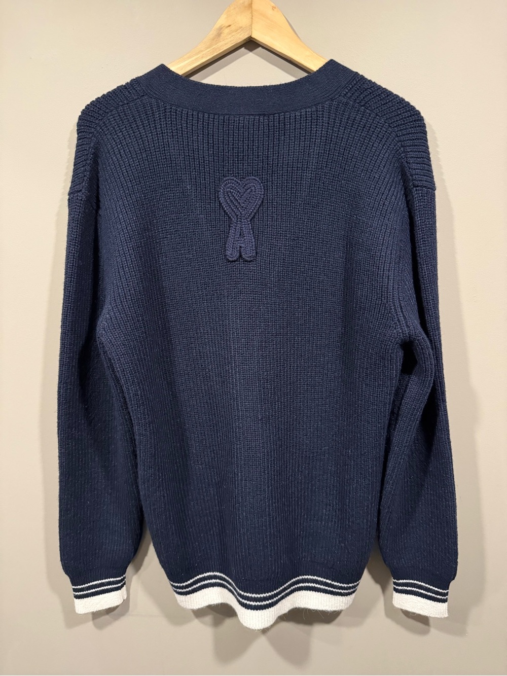 Ami Paris Navy Blue Ribbed Cotton V-Neck Button Cardigan image 4